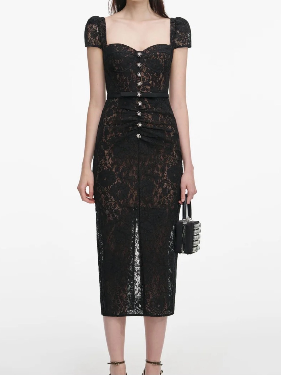Self Portrait Black Sweetheart Lace Midi Dress